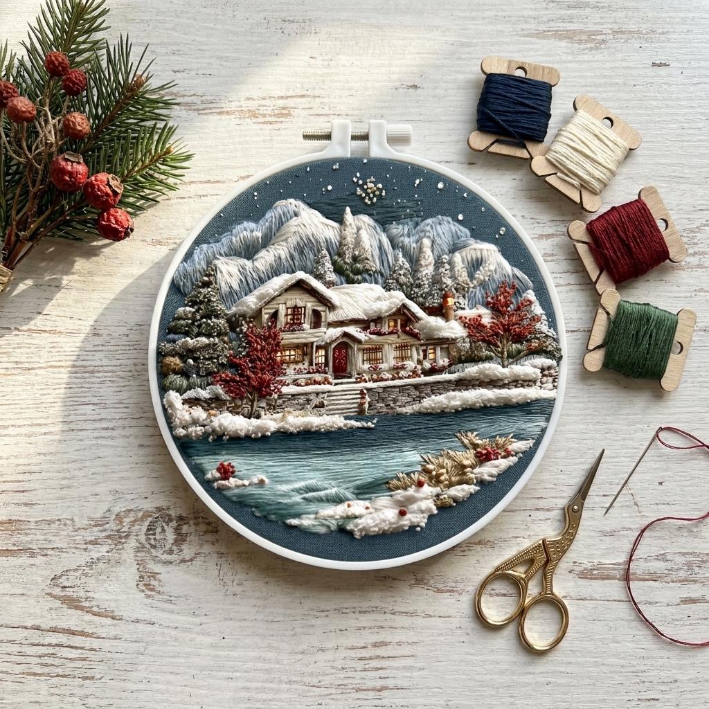 Winter Cottage Embroidery Kit, 20 cm Snowy Landscape Hand Embroidery Set with Hoop, Christmas Needlework Gift for Adults