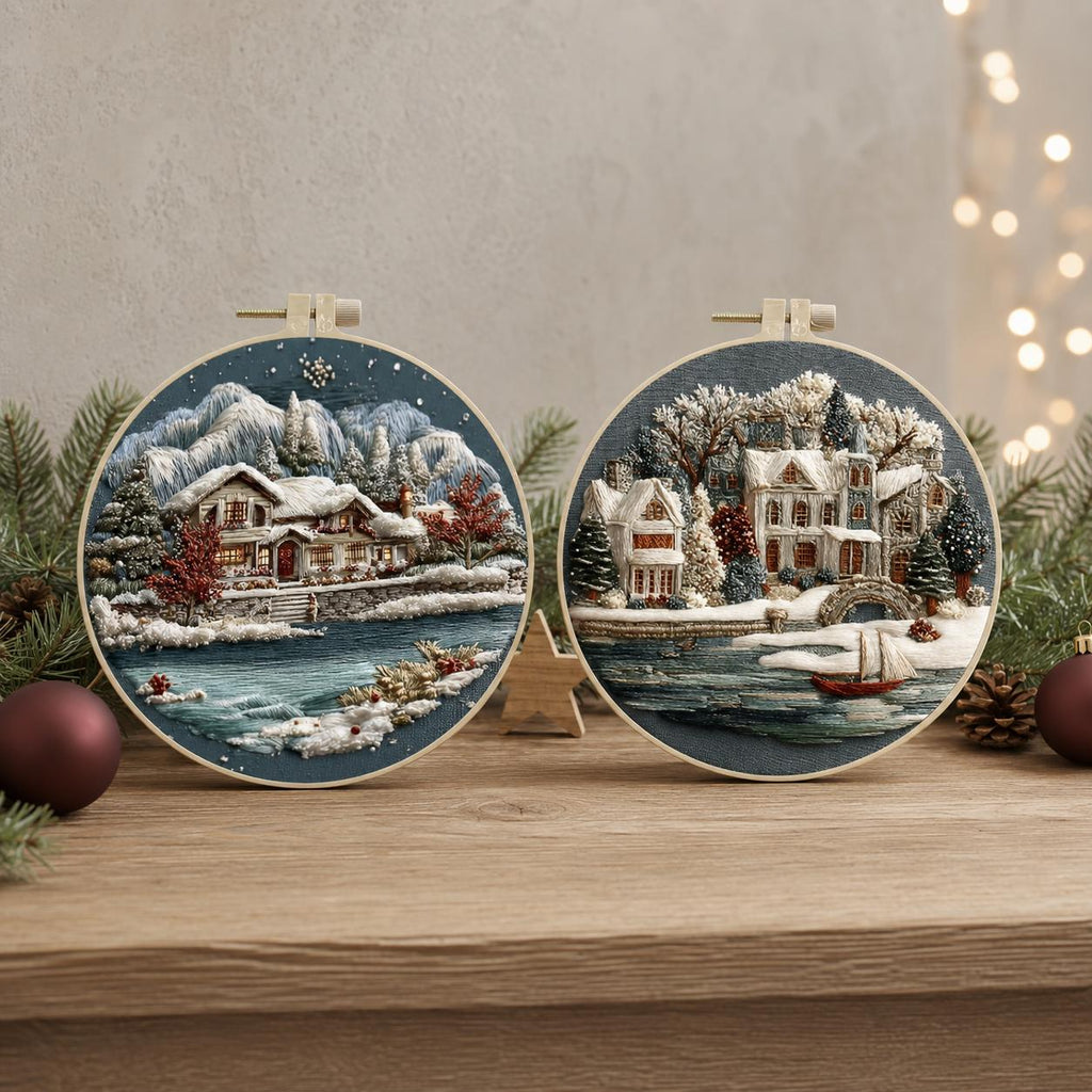 Winter Cottage Embroidery Kit, 20 cm Snowy Landscape Hand Embroidery Set with Hoop, Christmas Needlework Gift for Adults