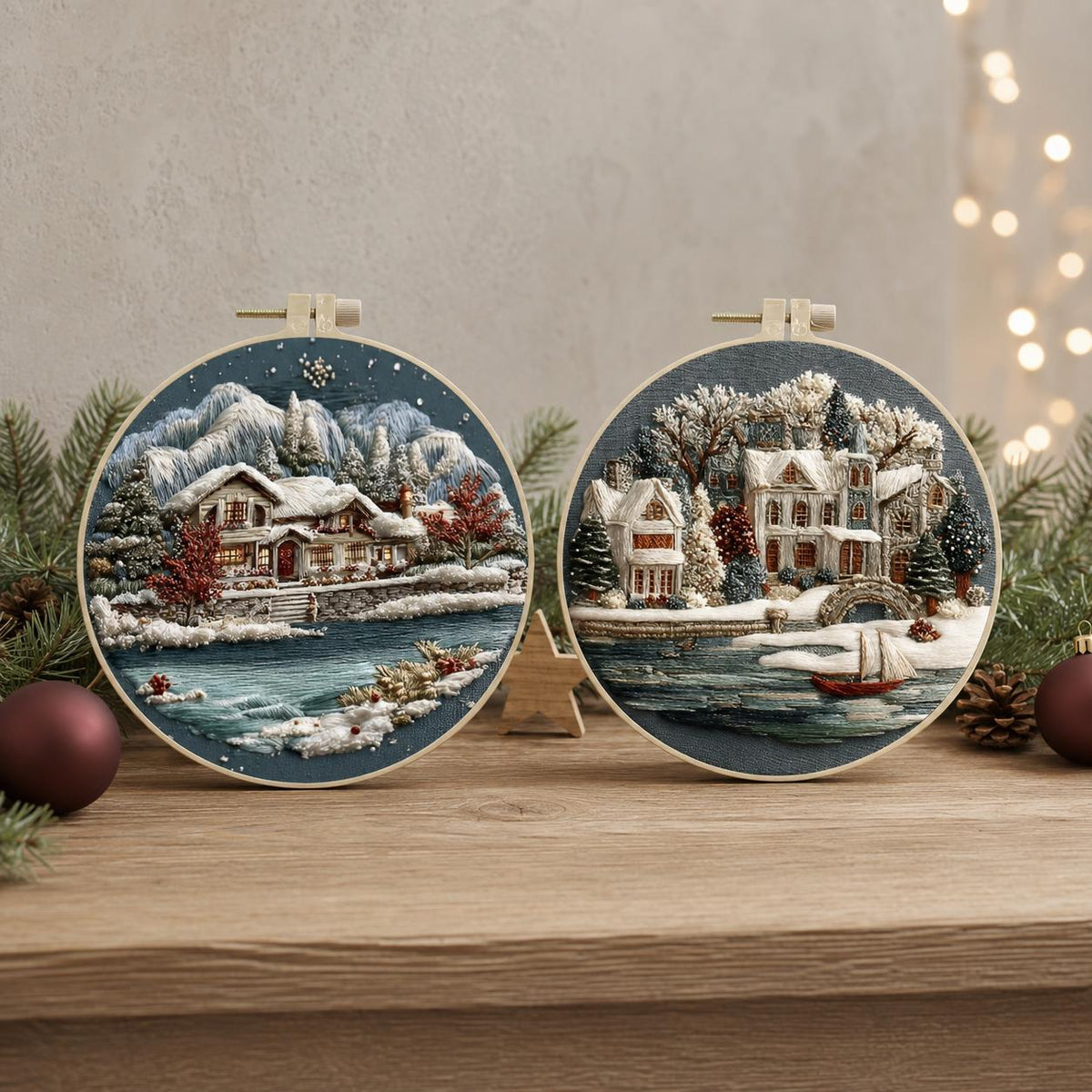 Winter Cottage Embroidery Kit, 20 cm Snowy Landscape Hand Embroidery Set with Hoop, Christmas Needlework Gift for Adults