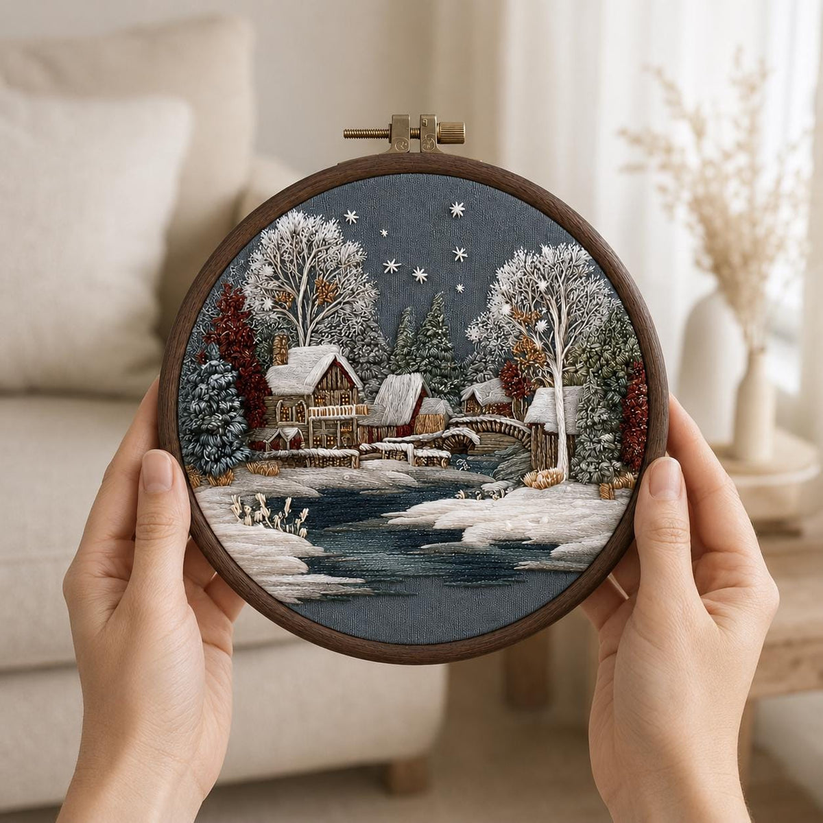 Winter Cottage Embroidery Kit, 20 cm Snowy Village Hoop Art (DIY Needlework)