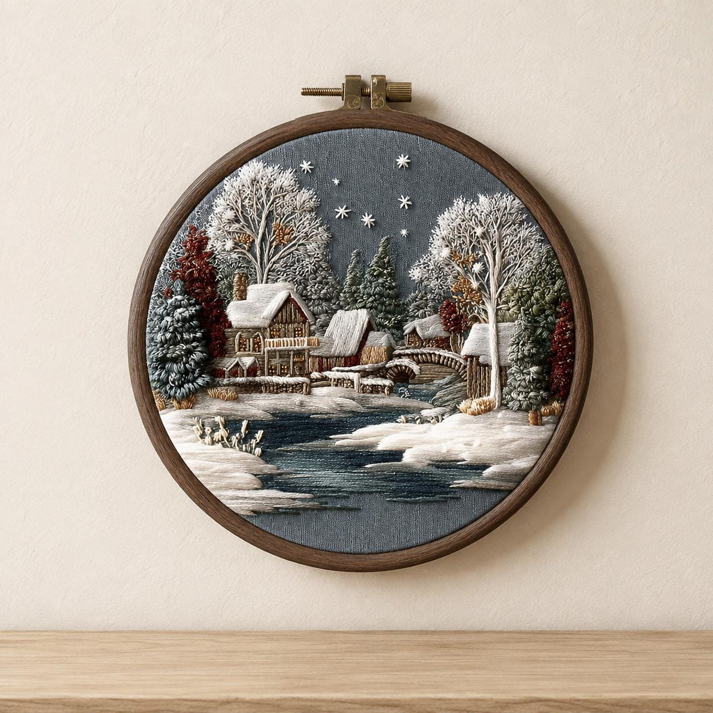 Winter Cottage Embroidery Kit, 20 cm Snowy Village Hoop Art (DIY Needlework)
