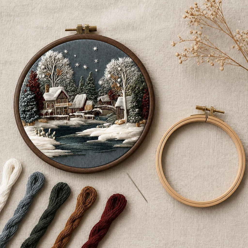 Winter Cottage Embroidery Kit, 20 cm Snowy Village Hoop Art (DIY Needlework)