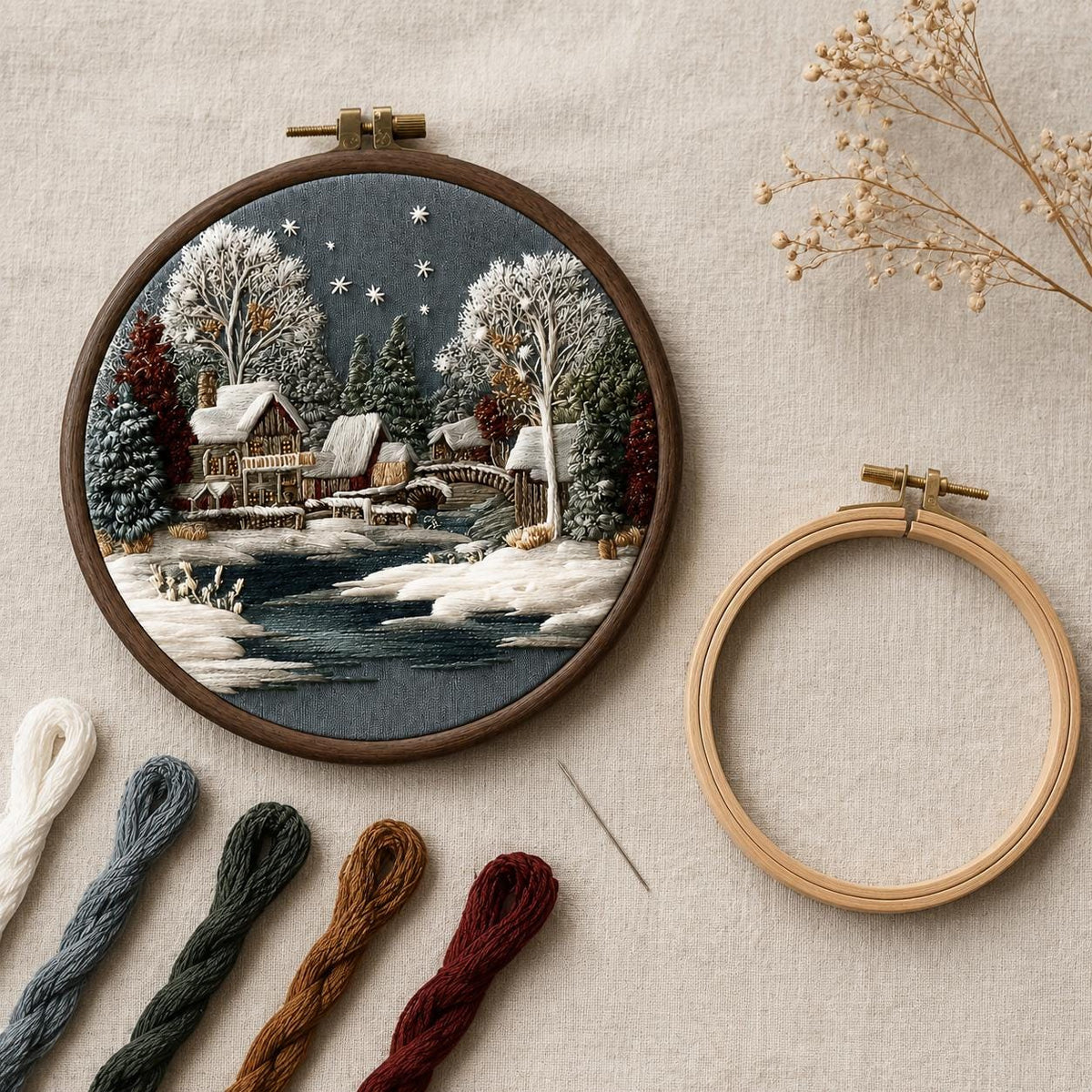 Winter Cottage Embroidery Kit, 20 cm Snowy Village Hoop Art (DIY Needlework)