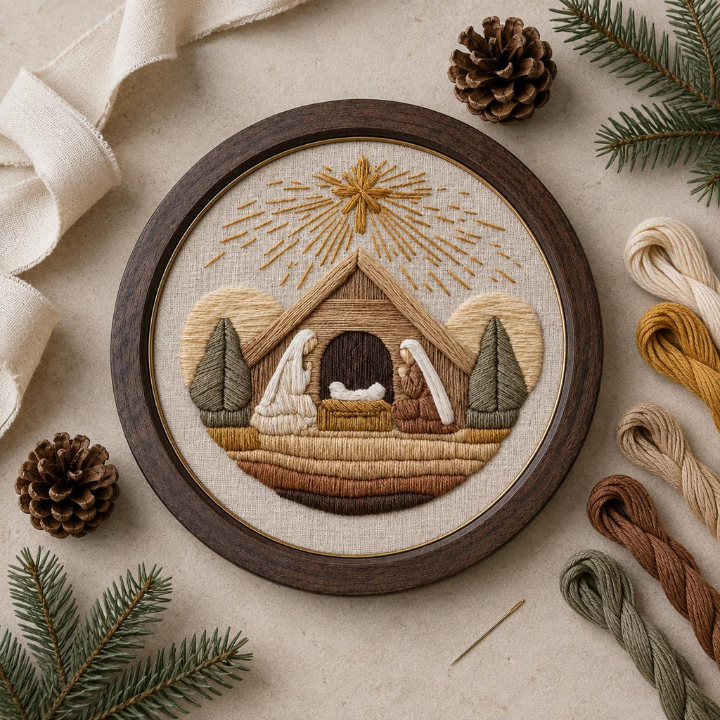 Nativity Embroidery Kit, 20 cm Pre-Printed Christmas Hand Embroidery Set with Hoop, Religious Holiday Craft Gift for Adults