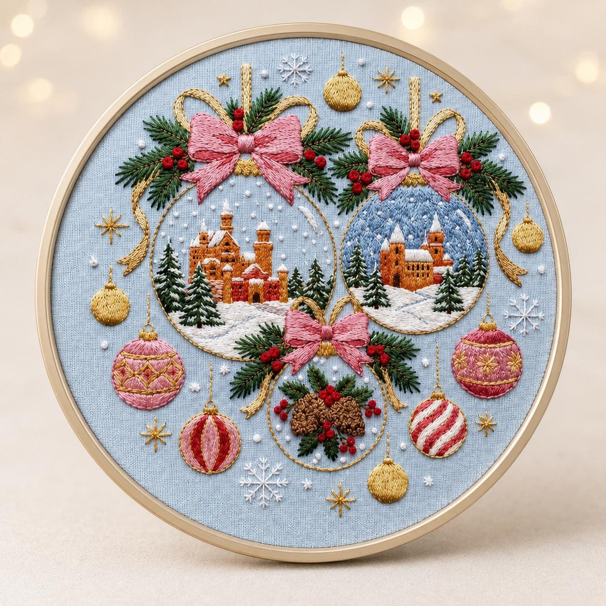Christmas Village Embroidery Kit, Festive Ornament Hoop Art (15cm or 20cm)