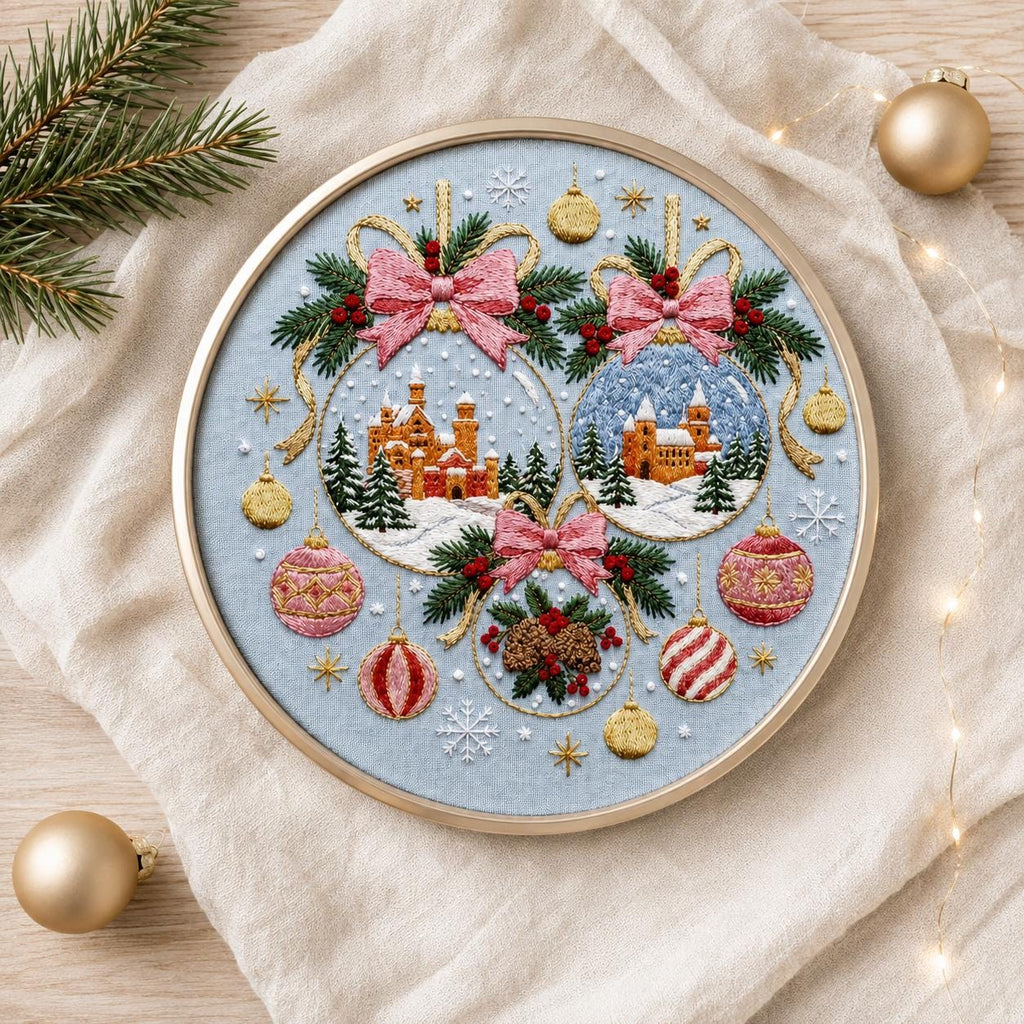Christmas Village Embroidery Kit, Festive Ornament Hoop Art (15cm or 20cm)