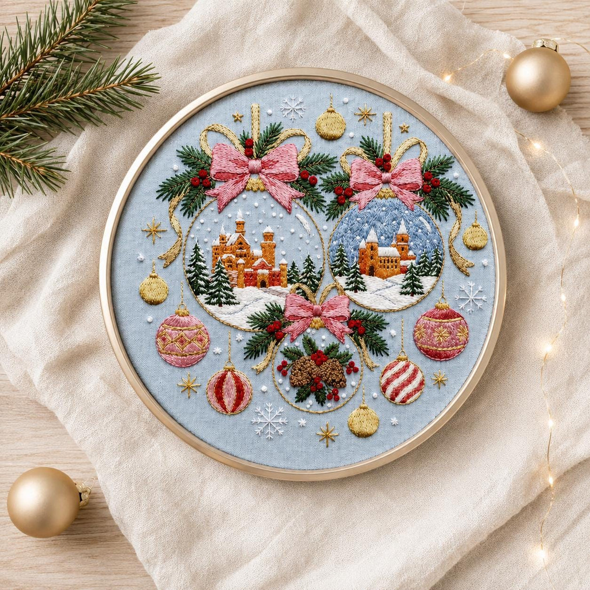 Christmas Village Embroidery Kit, Festive Ornament Hoop Art (15cm or 20cm)