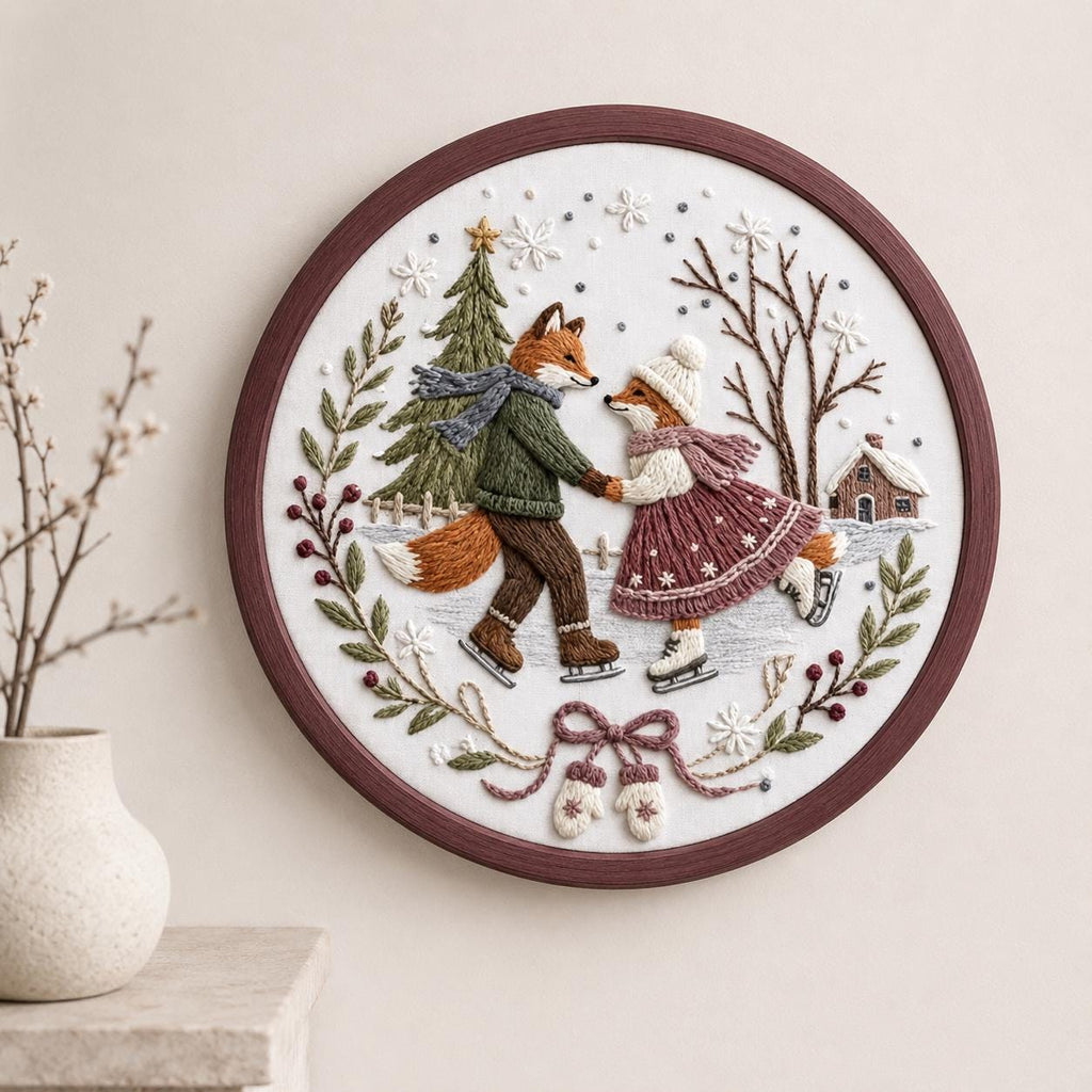 Winter Fox Embroidery Kit, 20 cm Pre-Printed Hand Embroidery Set with Hoop, Ice Skating Woodland Craft Gift for Adults