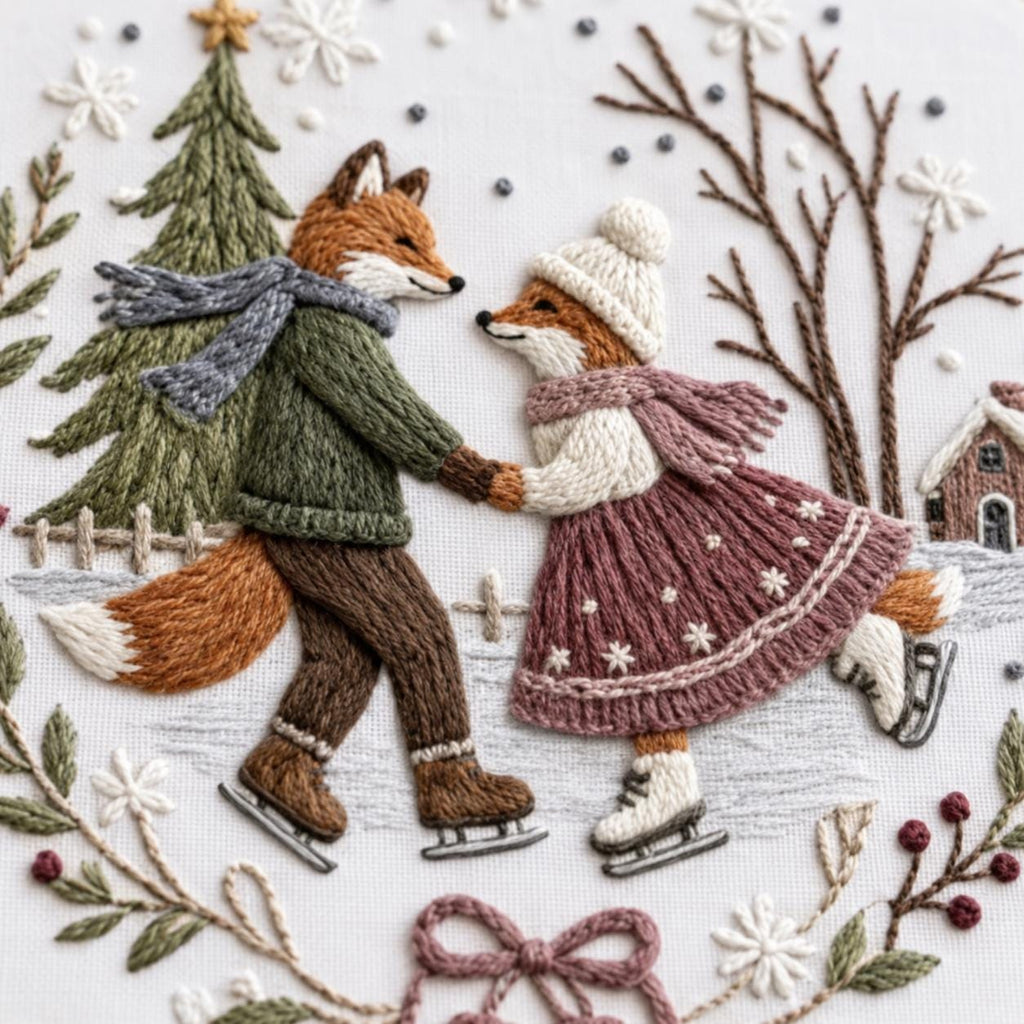Winter Fox Embroidery Kit, 20 cm Pre-Printed Hand Embroidery Set with Hoop, Ice Skating Woodland Craft Gift for Adults