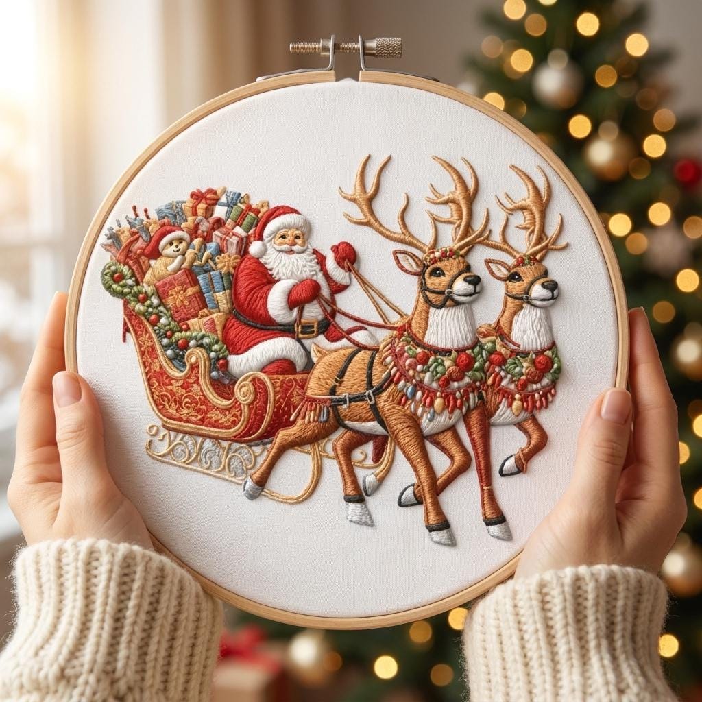 Christmas Embroidery Kit, Santa Sleigh Reindeer DIY Hoop Art, Beginner Craft (Pre-Printed Fabric)