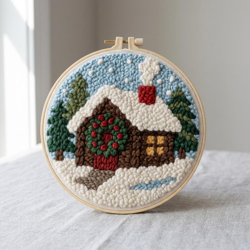 Christmas Punch Needle Kit – Cozy Winter Cottage, Beginner DIY Embroidery Kit with 20cm Hoop, Holiday Craft Gift