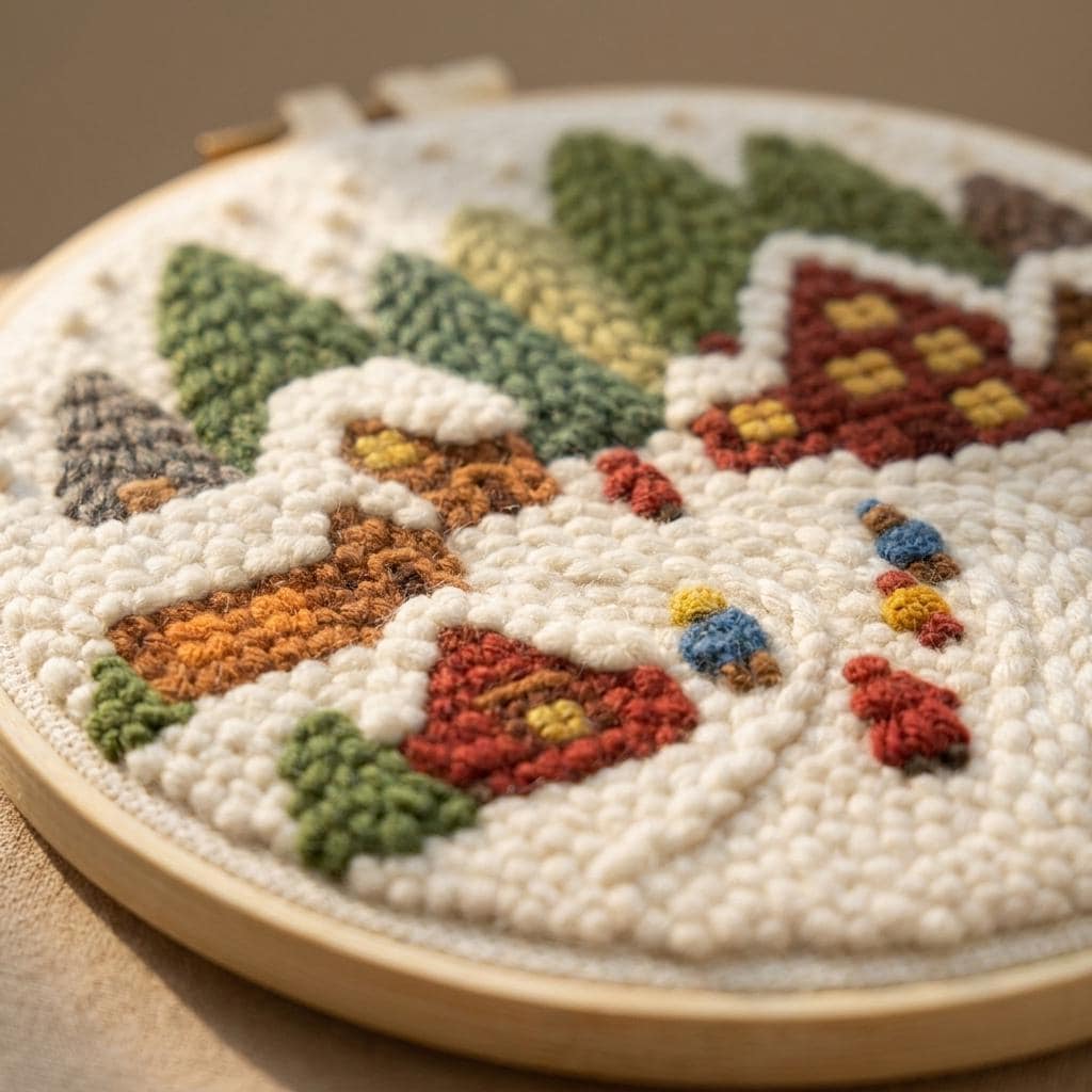 Christmas Punch Needle Kit, Winter Village Embroidery, Snowy Cottage DIY Craft (Hoop)