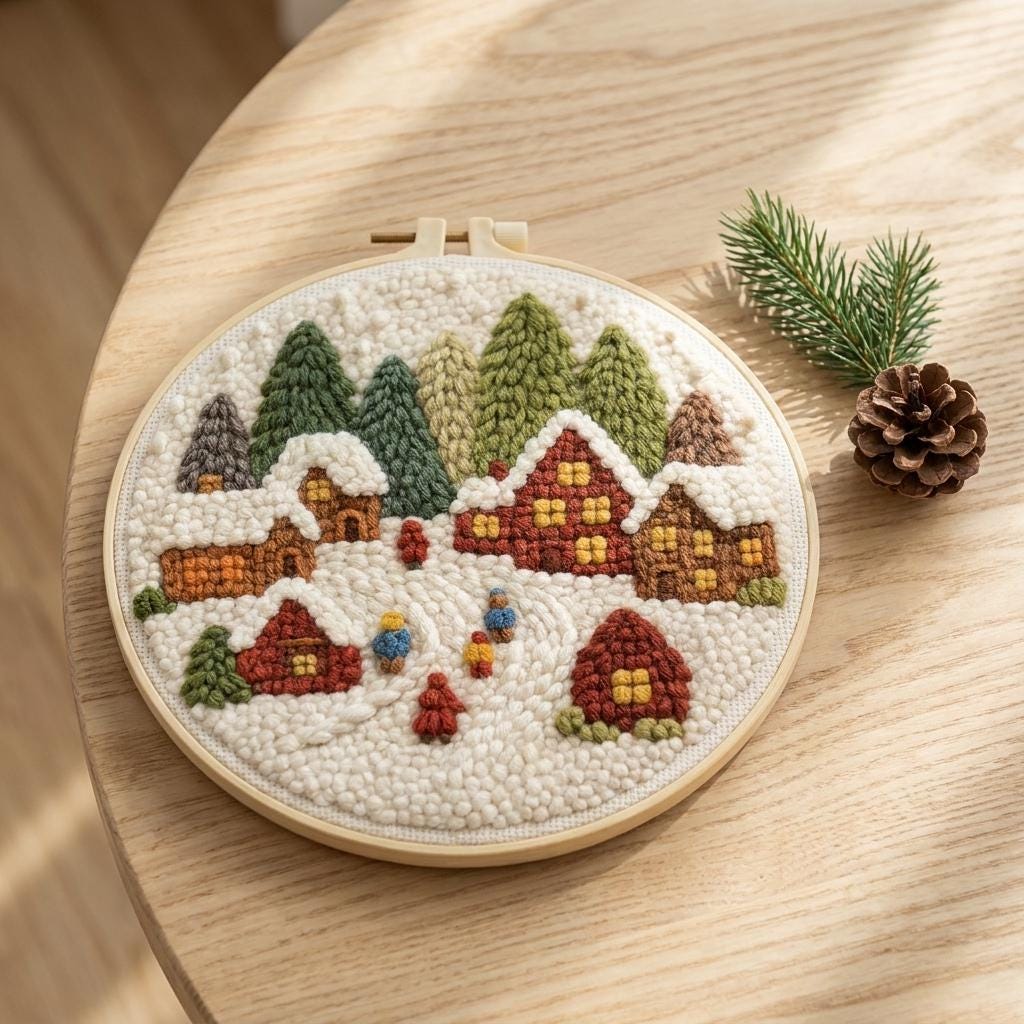 Christmas Punch Needle Kit, Winter Village Embroidery, Snowy Cottage DIY Craft (Hoop)
