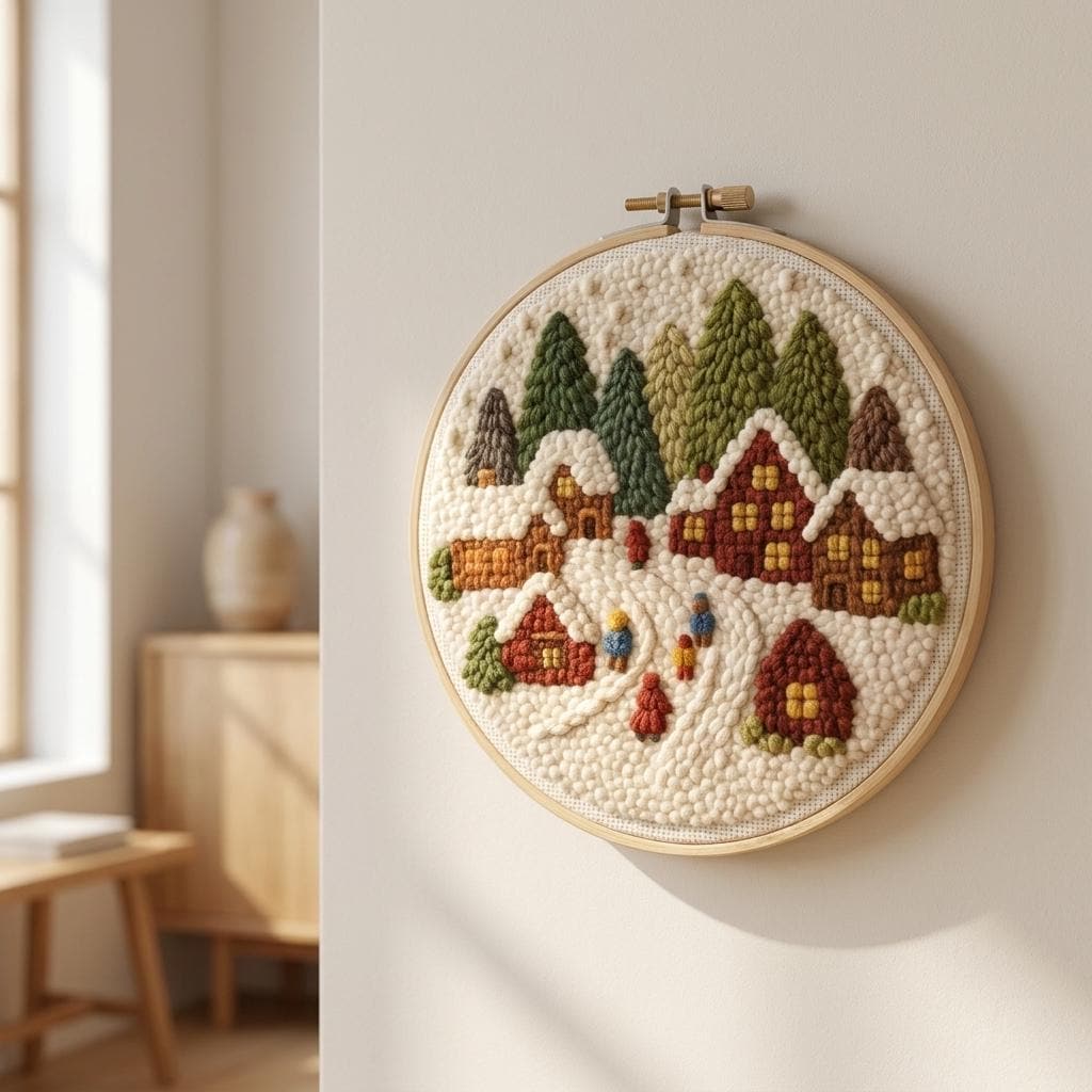 Christmas Punch Needle Kit, Winter Village Embroidery, Snowy Cottage DIY Craft (Hoop)