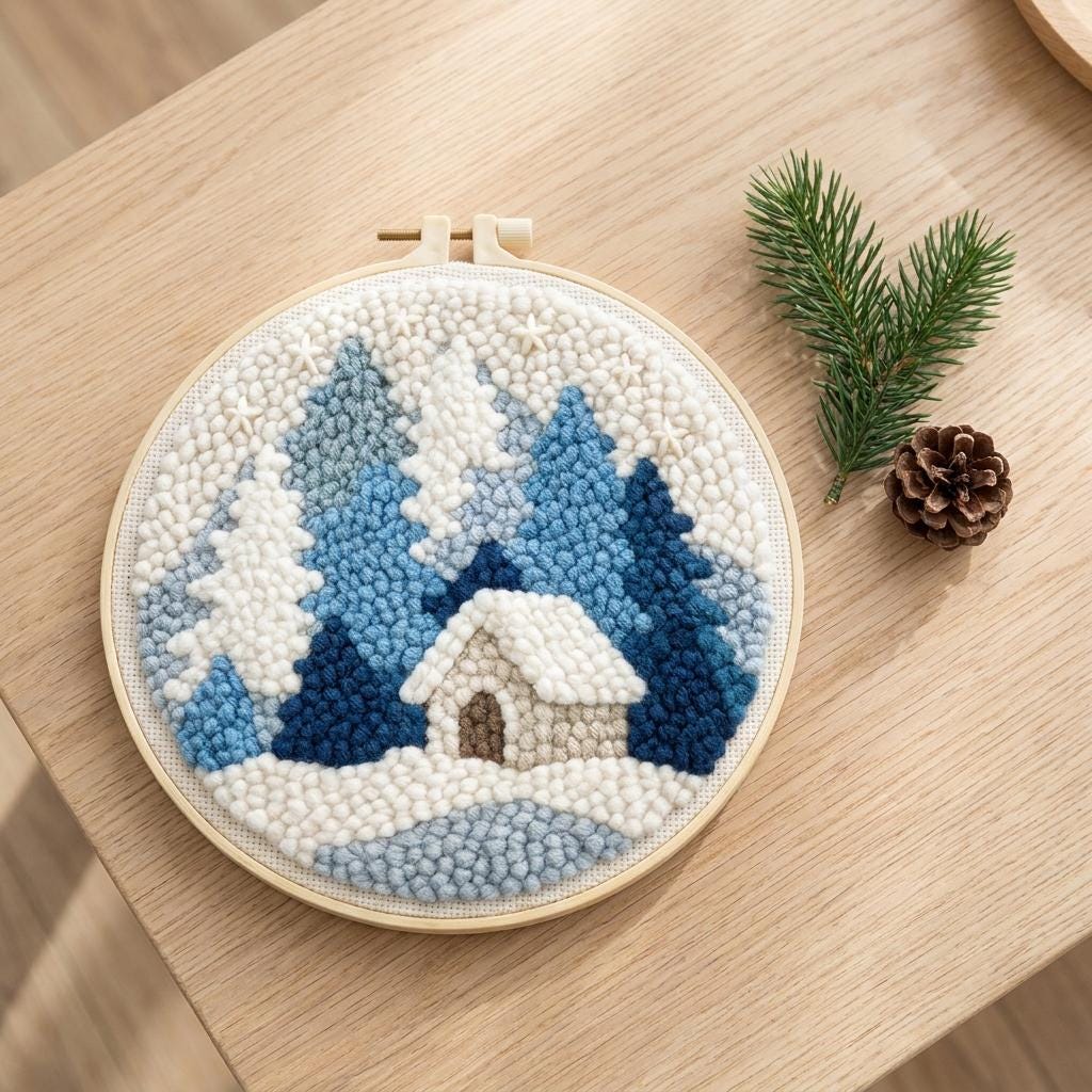 Christmas Punch Needle Embroidery Kit, Winter Landscape DIY Craft (20cm)