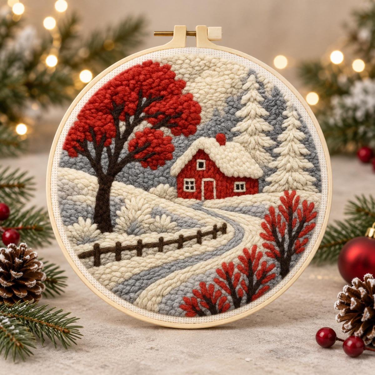 Christmas Punch Needle Embroidery Kit, Winter Landscape DIY Craft (20cm)