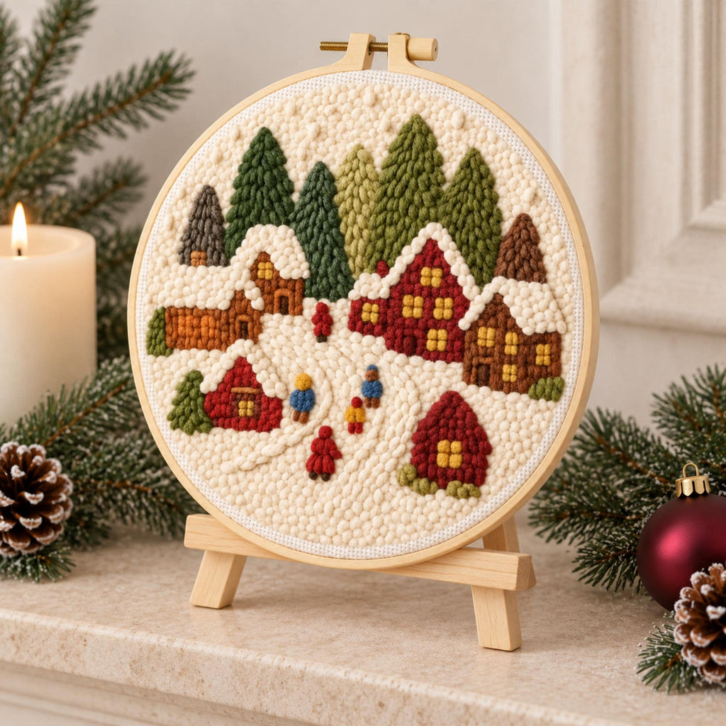 Christmas Punch Needle Kit, Winter Landscape Embroidery Kit, 20cm Beginner DIY Craft, Snowy Village Holiday Gift for Adults
