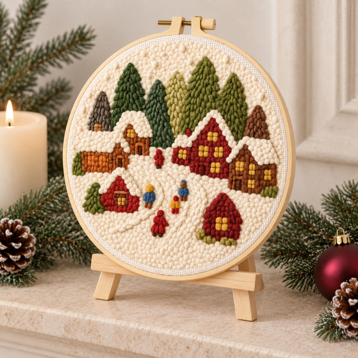 Christmas Punch Needle Kit, Winter Landscape Embroidery Kit, 20cm Beginner DIY Craft, Snowy Village Holiday Gift for Adults