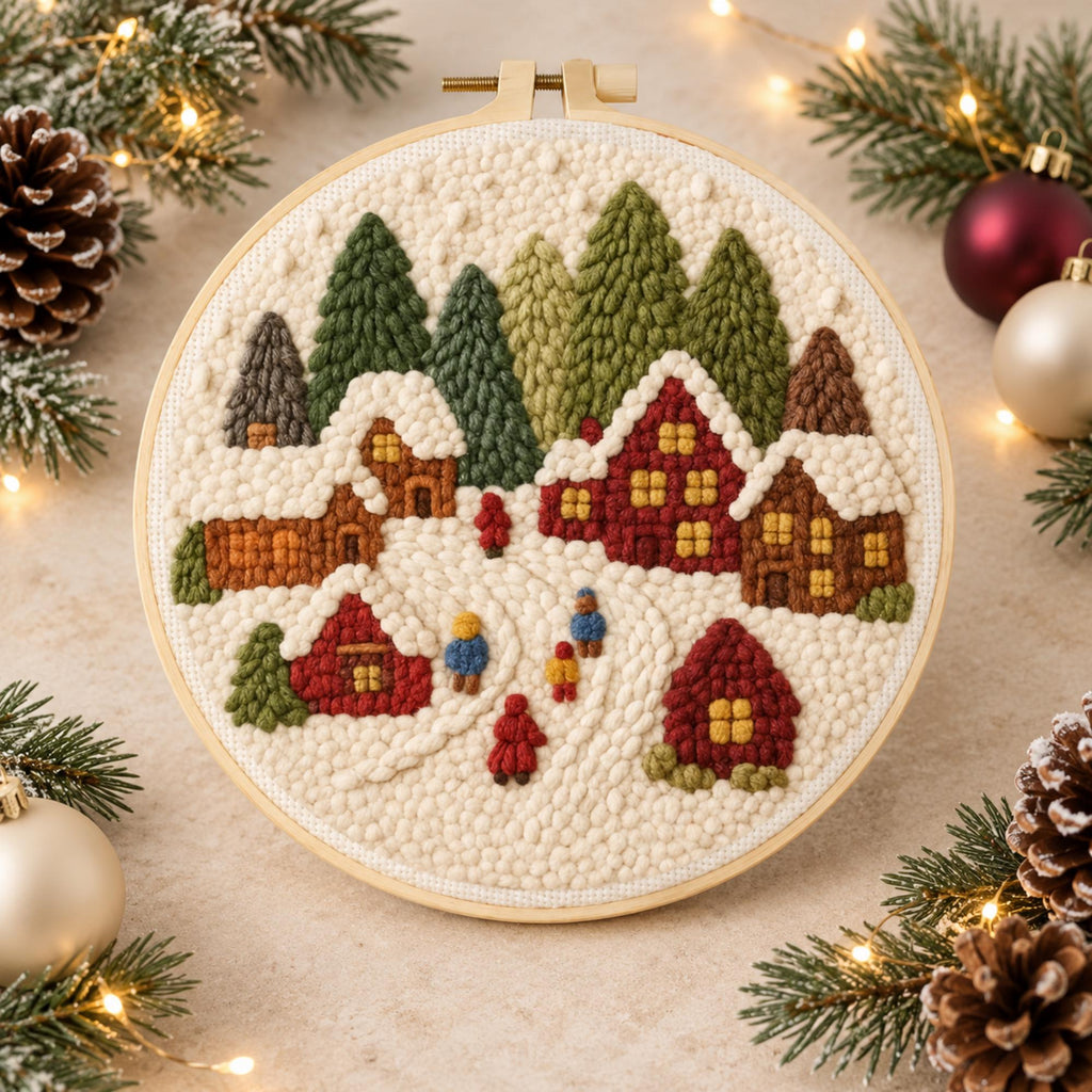 Christmas Punch Needle Kit, Winter Landscape Embroidery Kit, 20cm Beginner DIY Craft, Snowy Village Holiday Gift for Adults