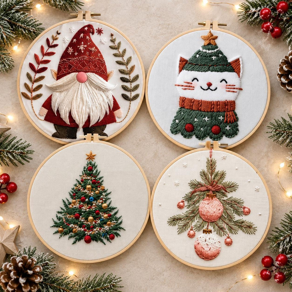 4 Christmas Embroidery Kits for Beginners, 15cm Holiday Hand Stitch Set, Cat Gnome Tree DIY Craft Kit, Gift for Adults