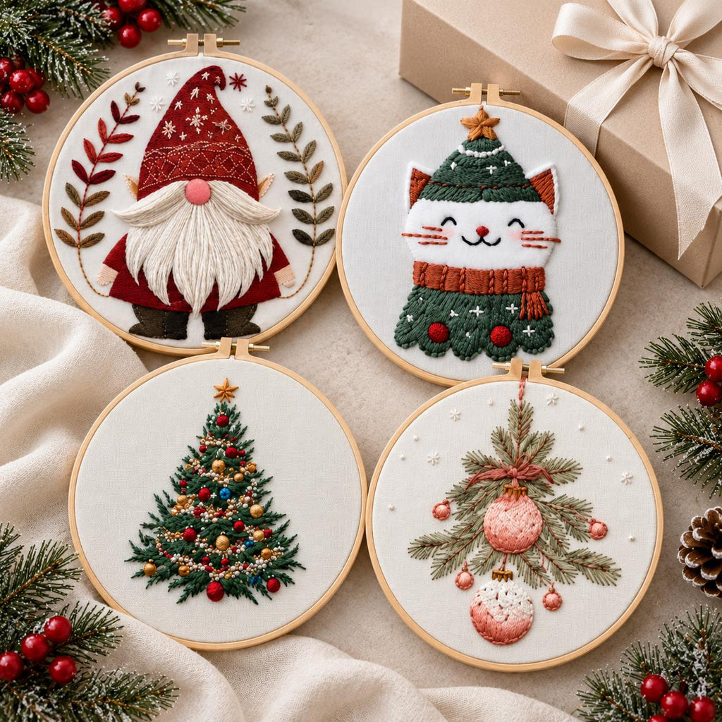 4 Christmas Embroidery Kits for Beginners, 15cm Holiday Hand Stitch Set, Cat Gnome Tree DIY Craft Kit, Gift for Adults