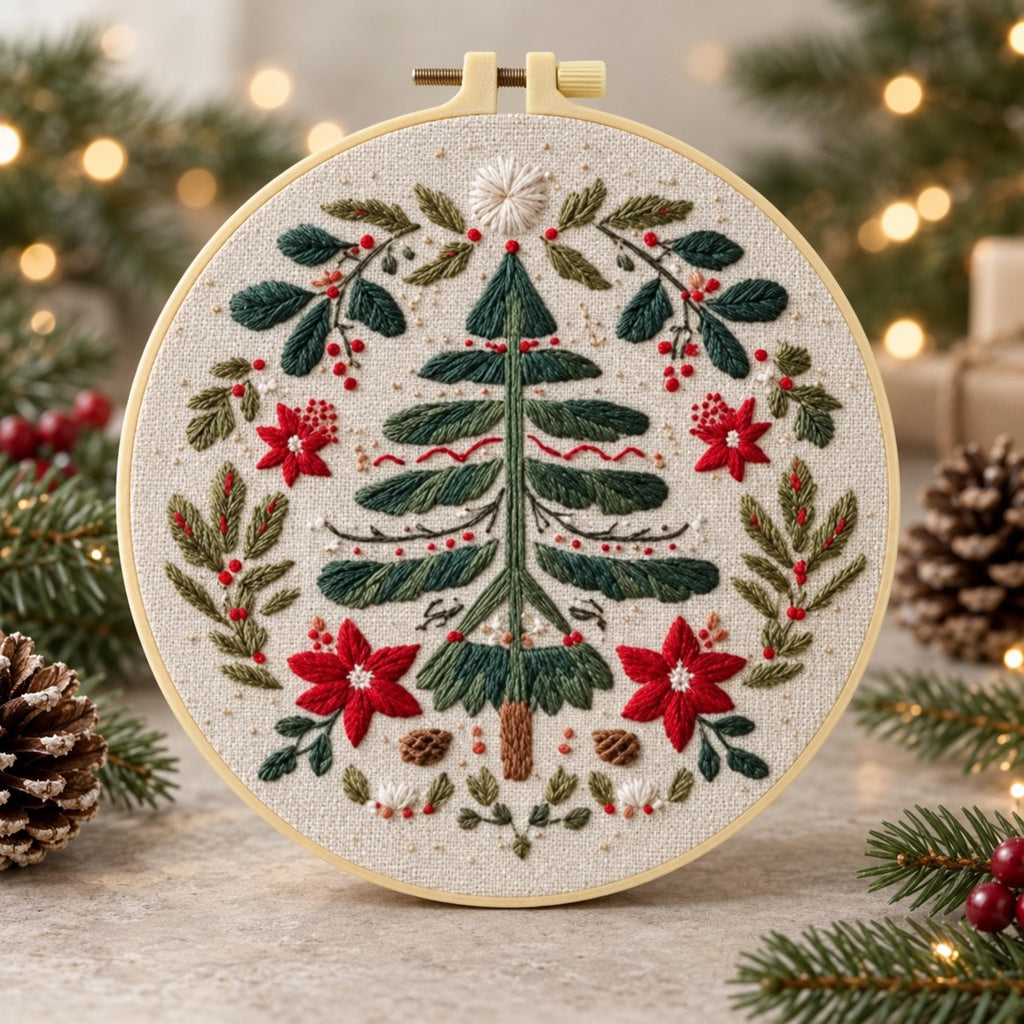 Christmas Tree Embroidery Kit, Poinsettia Wreath Hoop Art (20cm)