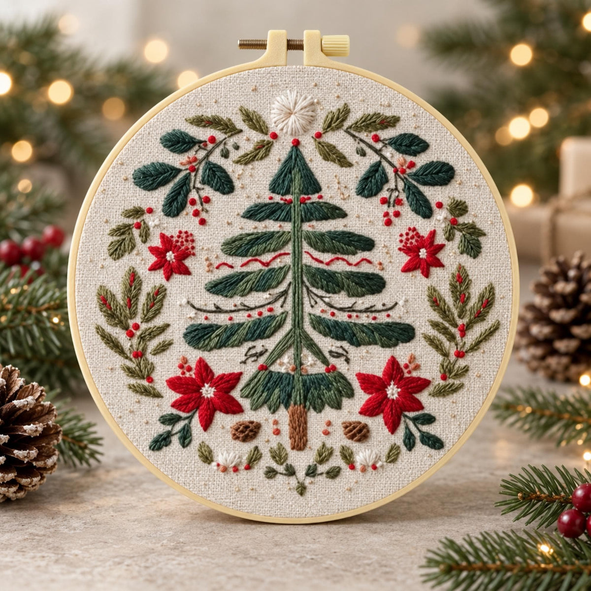 Christmas Tree Embroidery Kit, Poinsettia Wreath Hoop Art (20cm)