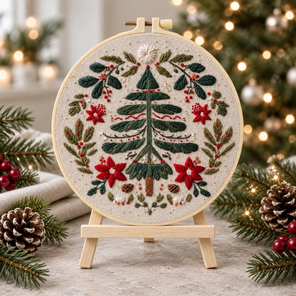 Christmas Tree Embroidery Kit, Poinsettia Wreath Hoop Art (20cm)