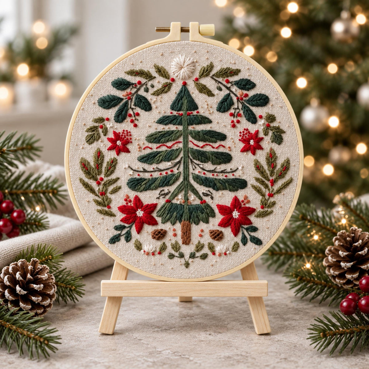 Christmas Tree Embroidery Kit, Poinsettia Wreath Hoop Art (20cm)