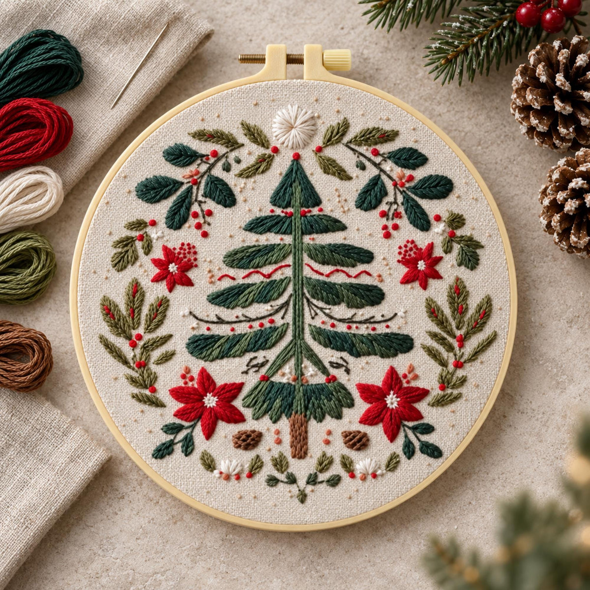 Christmas Tree Embroidery Kit, Poinsettia Wreath Hoop Art (20cm)