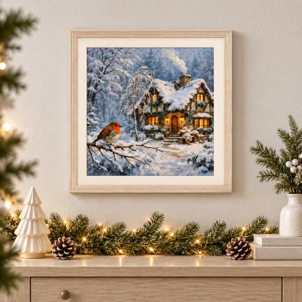 Winter Cottage Cross Stitch Kit, 14CT Stamped Embroidery Kit, Snowy House and Robin Needlework, 40x40cm Christmas Craft for Adults