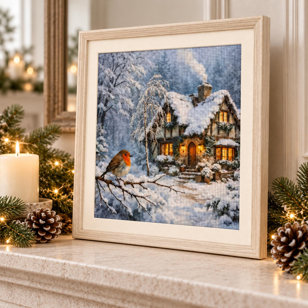 Winter Cottage Cross Stitch Kit, 14CT Stamped Embroidery Kit, Snowy House and Robin Needlework, 40x40cm Christmas Craft for Adults