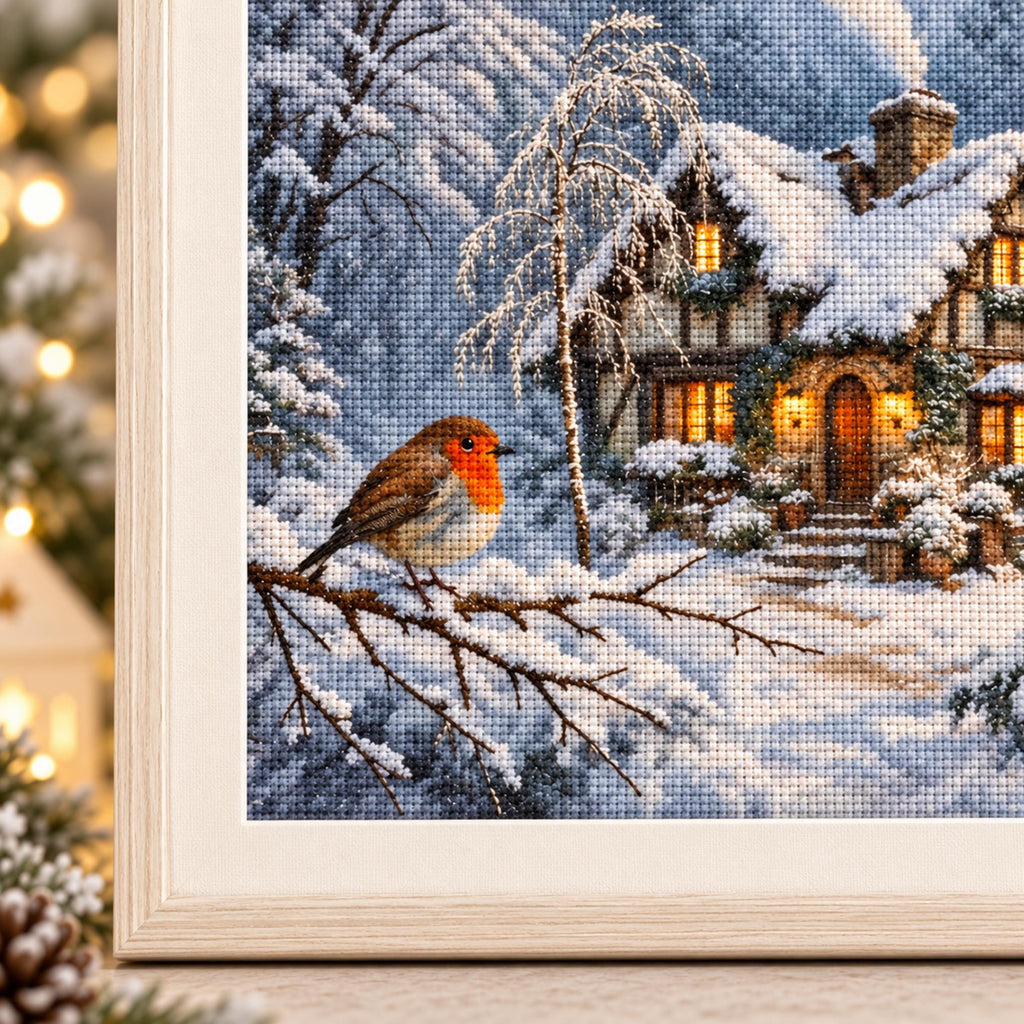 Winter Cottage Cross Stitch Kit, 14CT Stamped Embroidery Kit, Snowy House and Robin Needlework, 40x40cm Christmas Craft for Adults
