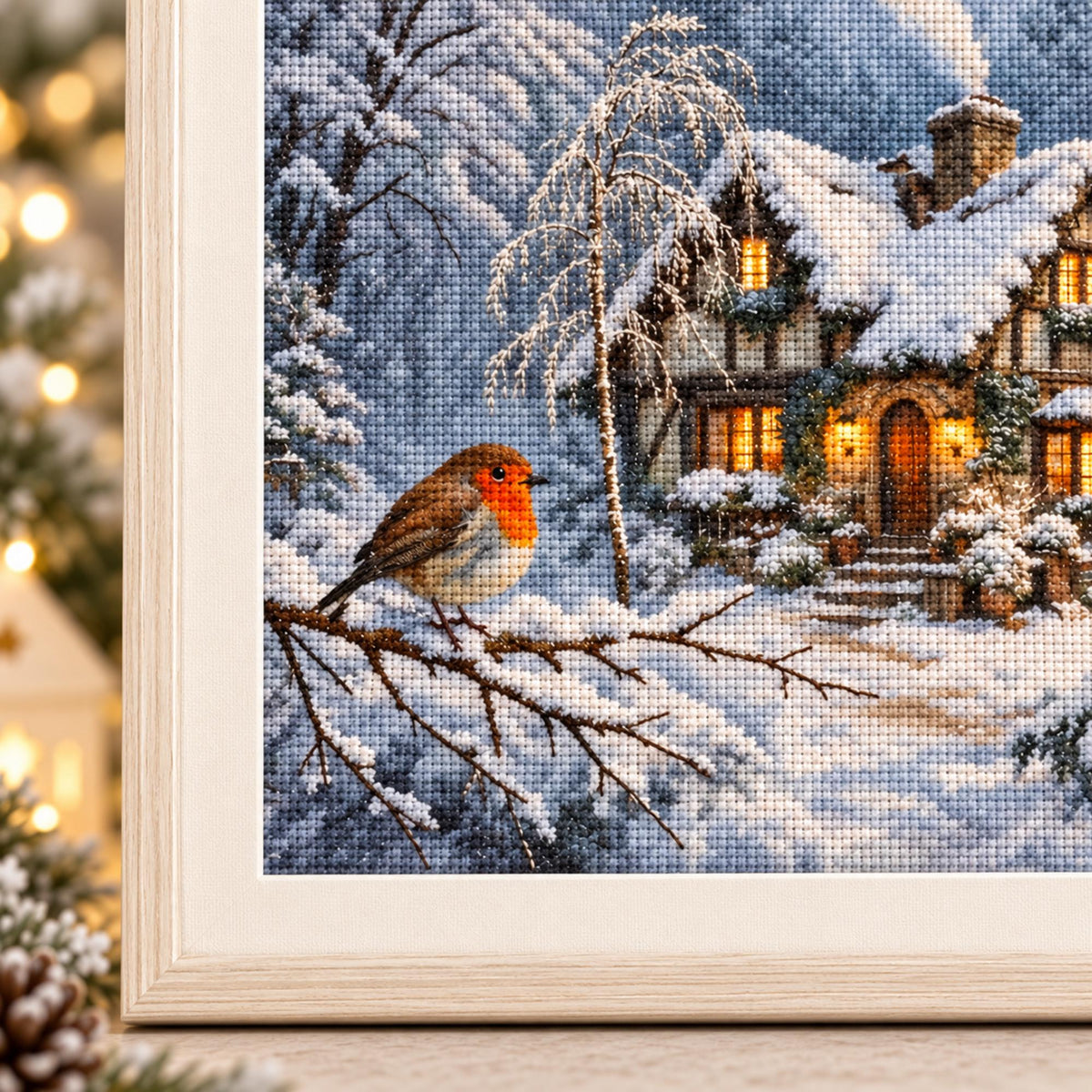 Winter Cottage Cross Stitch Kit, 14CT Stamped Embroidery Kit, Snowy House and Robin Needlework, 40x40cm Christmas Craft for Adults