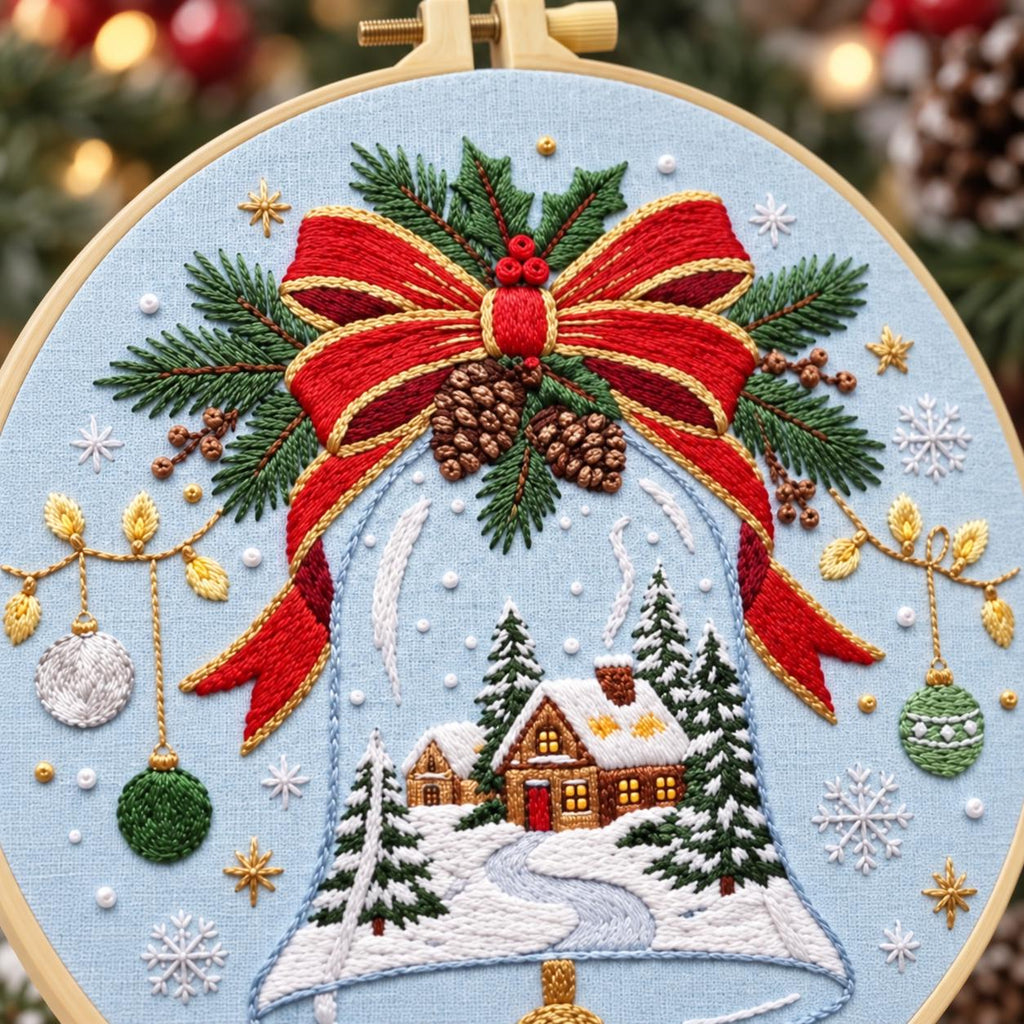Christmas Bell Embroidery Kit for Beginners, 20cm Holiday Hand Stitch Kit, Winter Cottage Hoop Art, DIY Christmas Gift for Adults