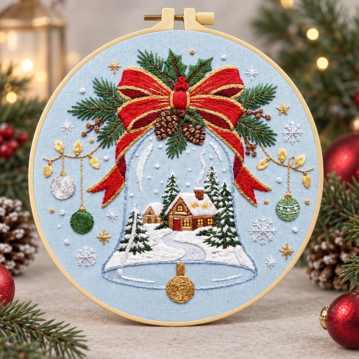 Christmas Bell Embroidery Kit for Beginners, 20cm Holiday Hand Stitch Kit, Winter Cottage Hoop Art, DIY Christmas Gift for Adults