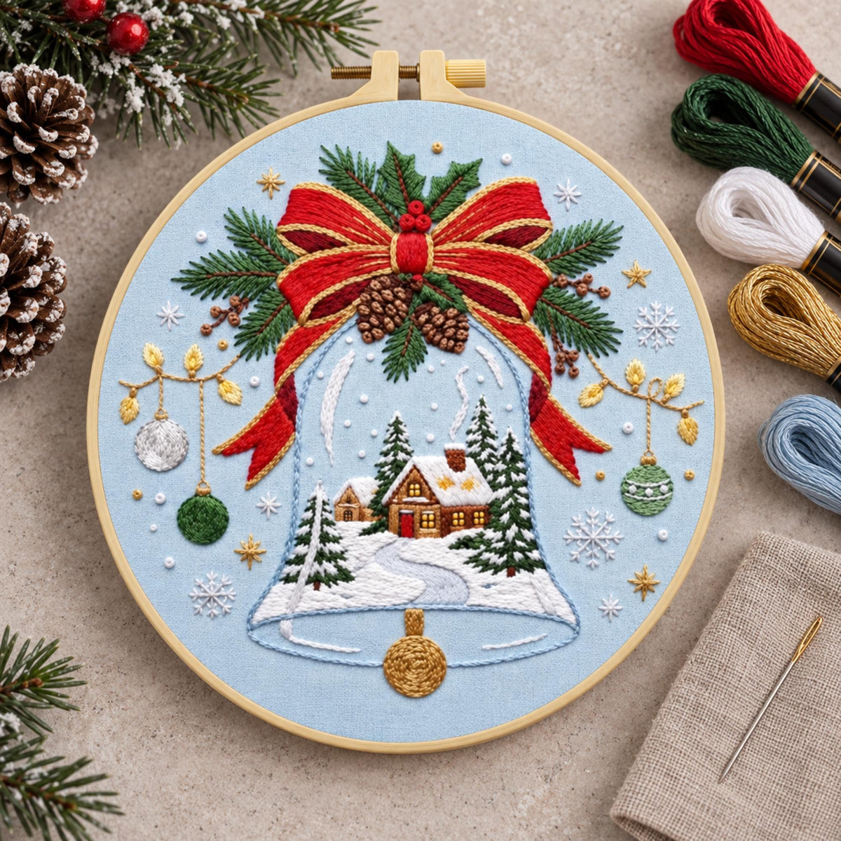 Christmas Bell Embroidery Kit for Beginners, 20cm Holiday Hand Stitch Kit, Winter Cottage Hoop Art, DIY Christmas Gift for Adults