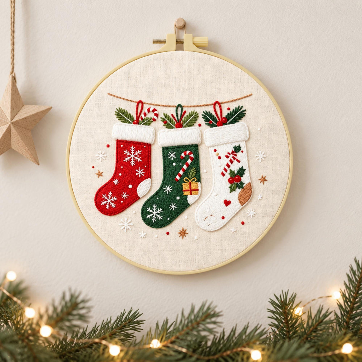 Christmas Stocking Embroidery Kit, Beginner Holiday Hoop Art (20cm)