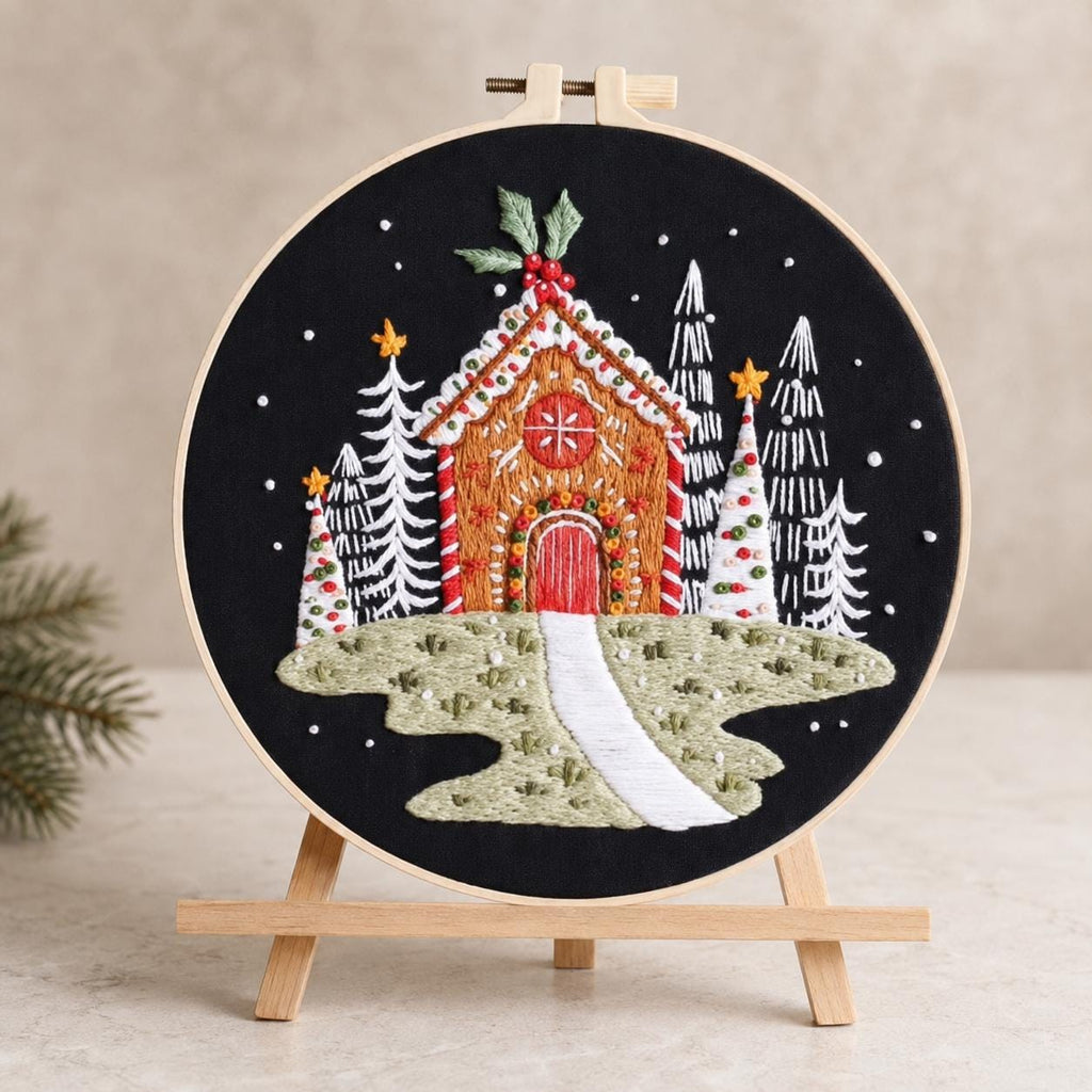 Gingerbread House Embroidery Kit for Beginners, Christmas Winter Scene DIY Needlework Set, 20 cm Holiday Craft Gift for Adults