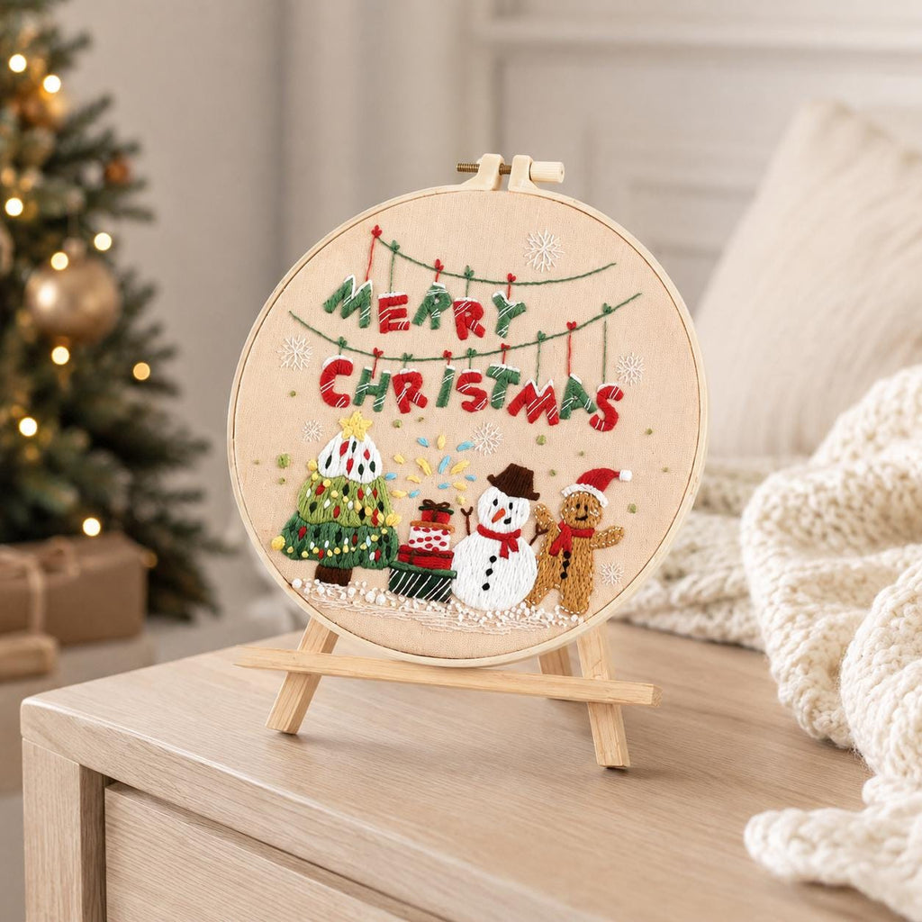 Merry Christmas Embroidery Kit for Beginners, Snowman Gingerbread Man DIY Needlework Set, 20 cm Holiday Craft Gift for Adults