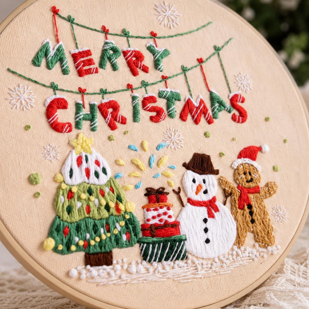Merry Christmas Embroidery Kit for Beginners, Snowman Gingerbread Man DIY Needlework Set, 20 cm Holiday Craft Gift for Adults