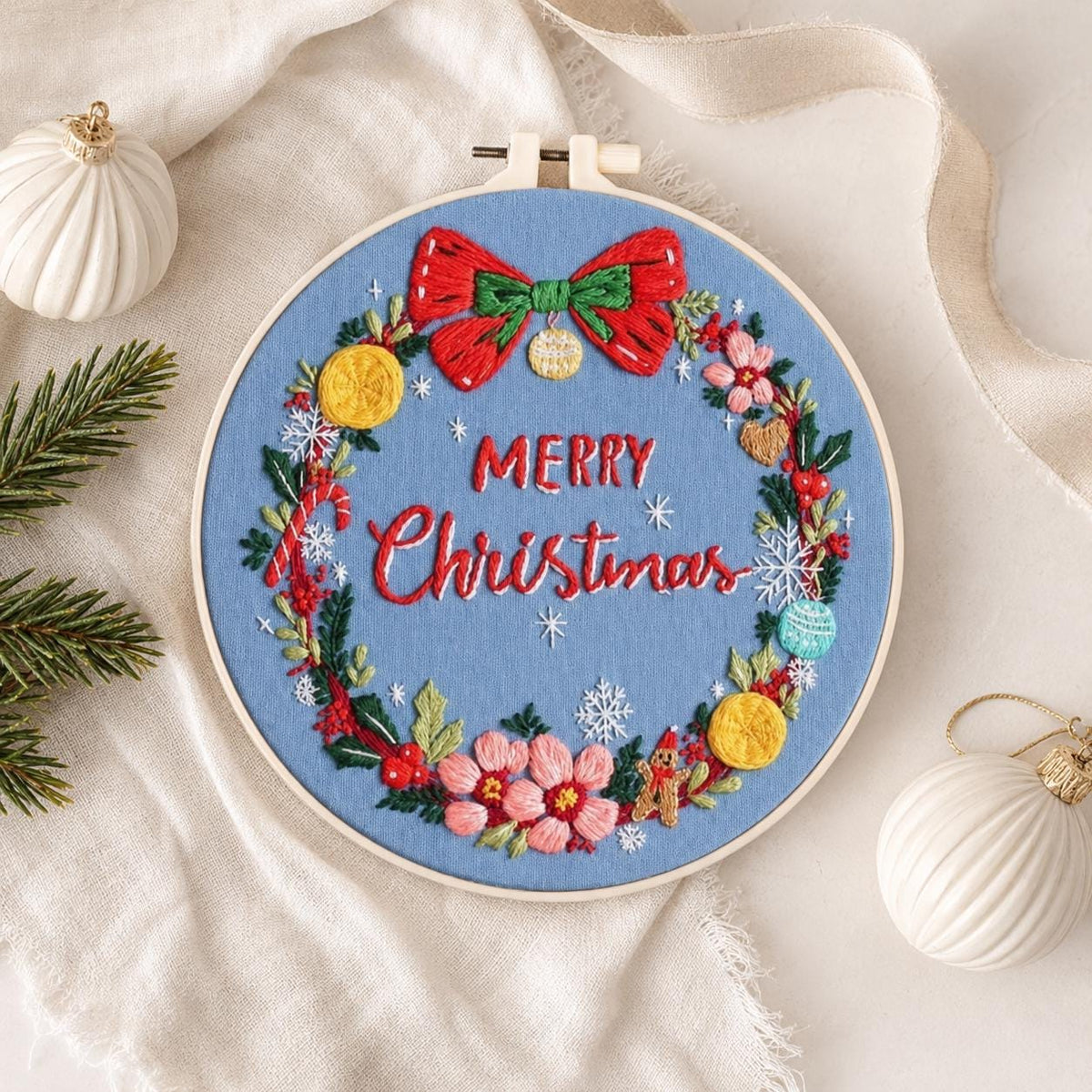 Christmas Wreath Embroidery Kit for Beginners, Merry Christmas DIY Hand Needlework Set, 20 cm Holiday Craft Gift for Adults