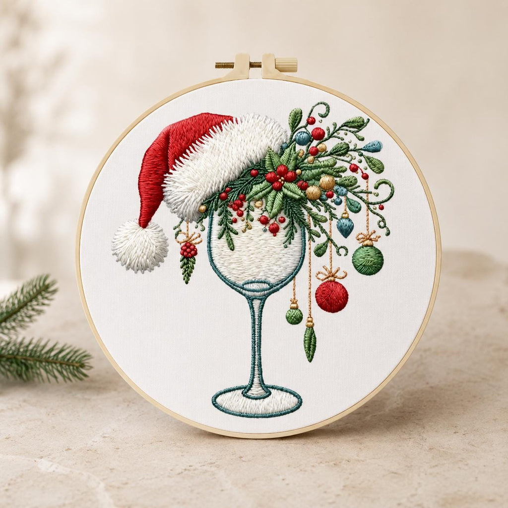 Christmas Embroidery Kit for Beginners, Santa Hat Wine Glass DIY Needlework Set, 15 or 20 cm Holiday Craft Gift for Adults
