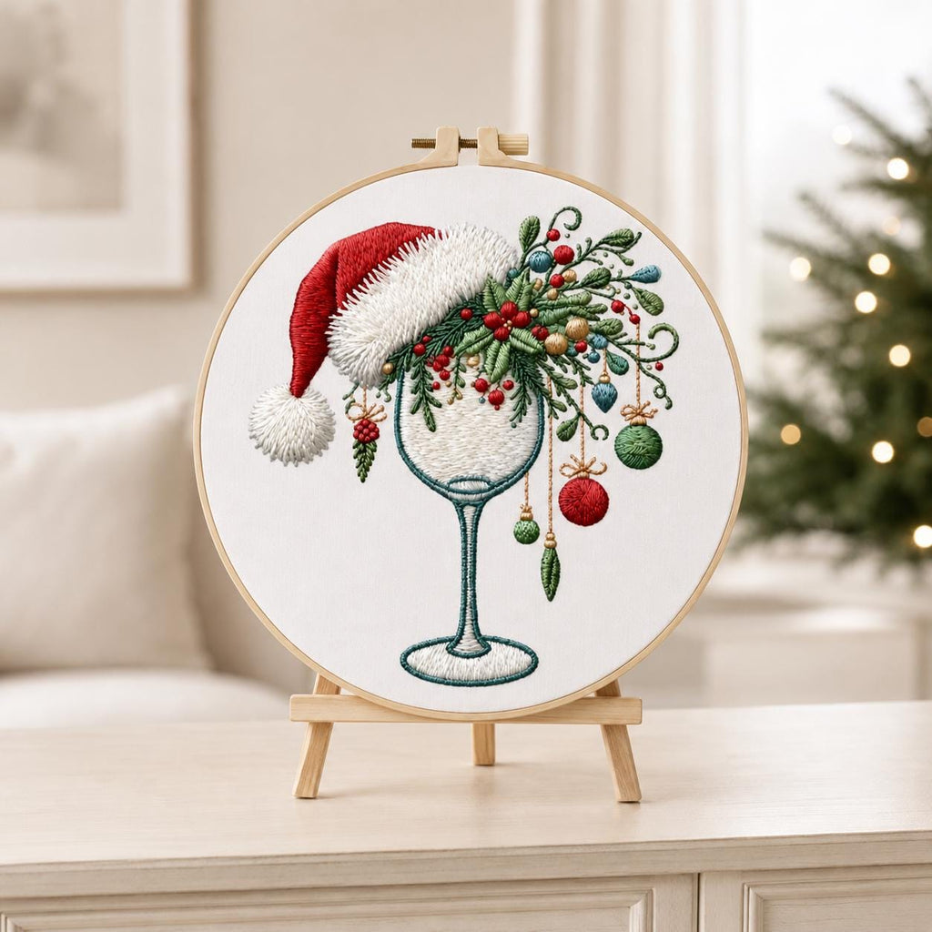 Christmas Embroidery Kit for Beginners, Santa Hat Wine Glass DIY Needlework Set, 15 or 20 cm Holiday Craft Gift for Adults