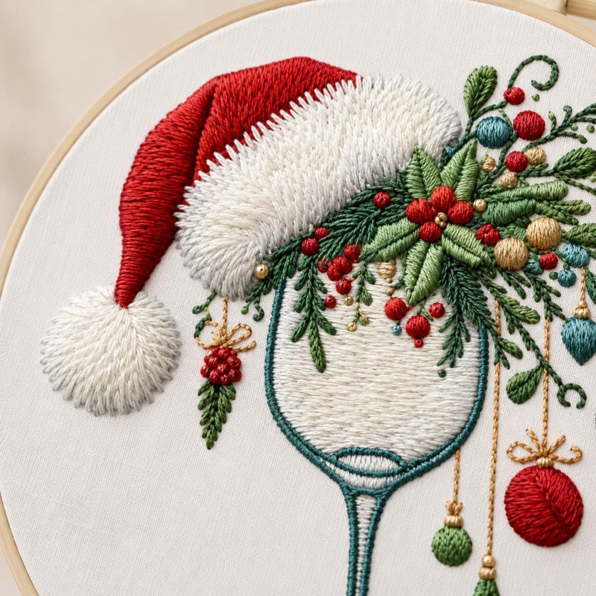 Christmas Embroidery Kit for Beginners, Santa Hat Wine Glass DIY Needlework Set, 15 or 20 cm Holiday Craft Gift for Adults
