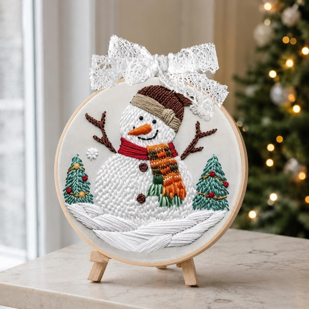 Snowman Embroidery Kit, 20 cm Christmas Hoop Art, Winter Scene DIY Craft