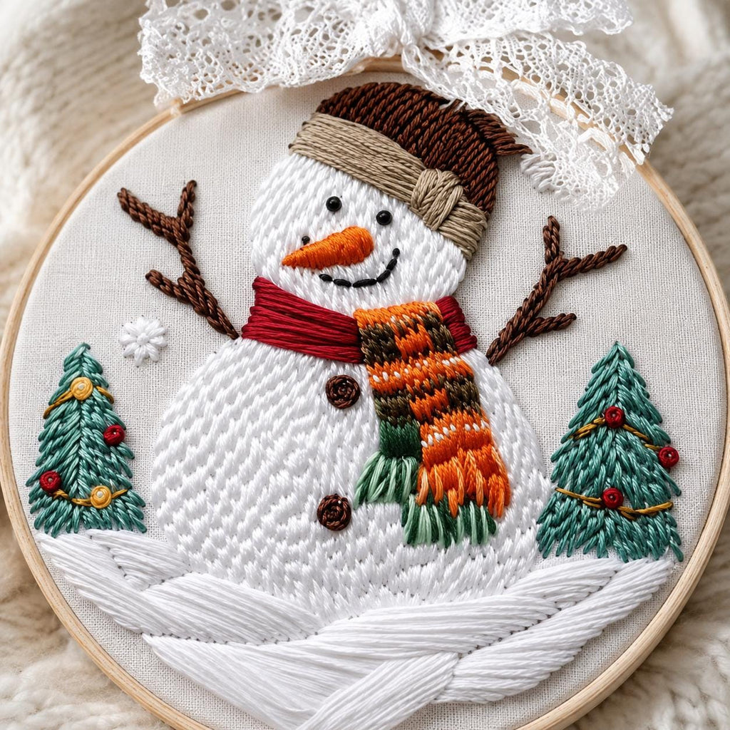 Snowman Embroidery Kit, 20 cm Christmas Hoop Art, Winter Scene DIY Craft