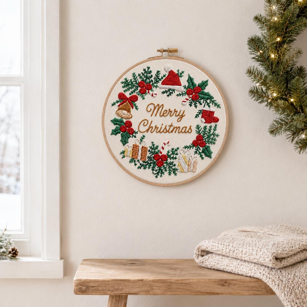 Christmas Wreath Embroidery Kit, Merry Christmas Hoop Art, Beginner DIY Craft (20cm)