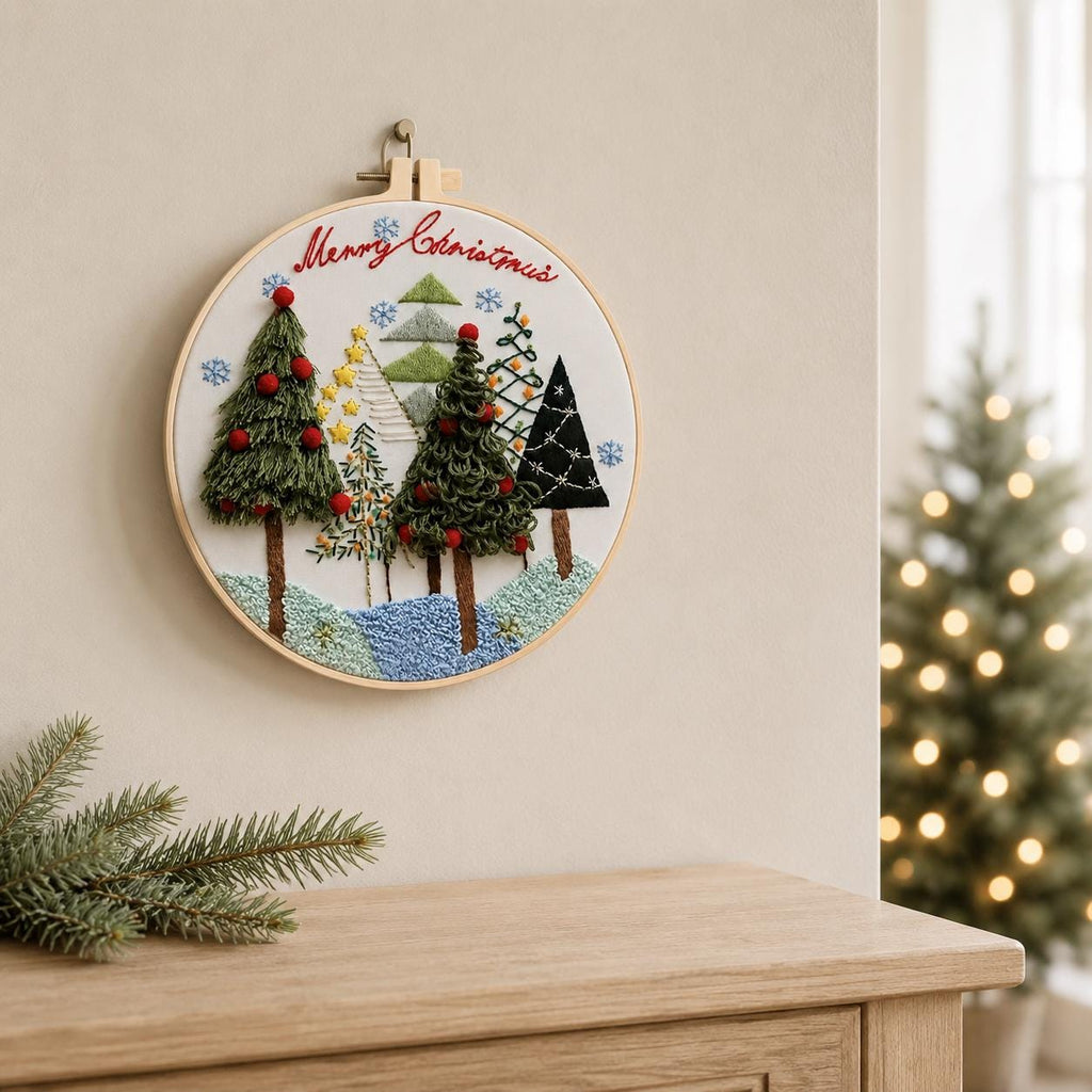 Christmas Tree Embroidery Kit for Beginners, Winter Forest DIY Needlework Set, 20 cm Holiday Craft Gift with English Instructions