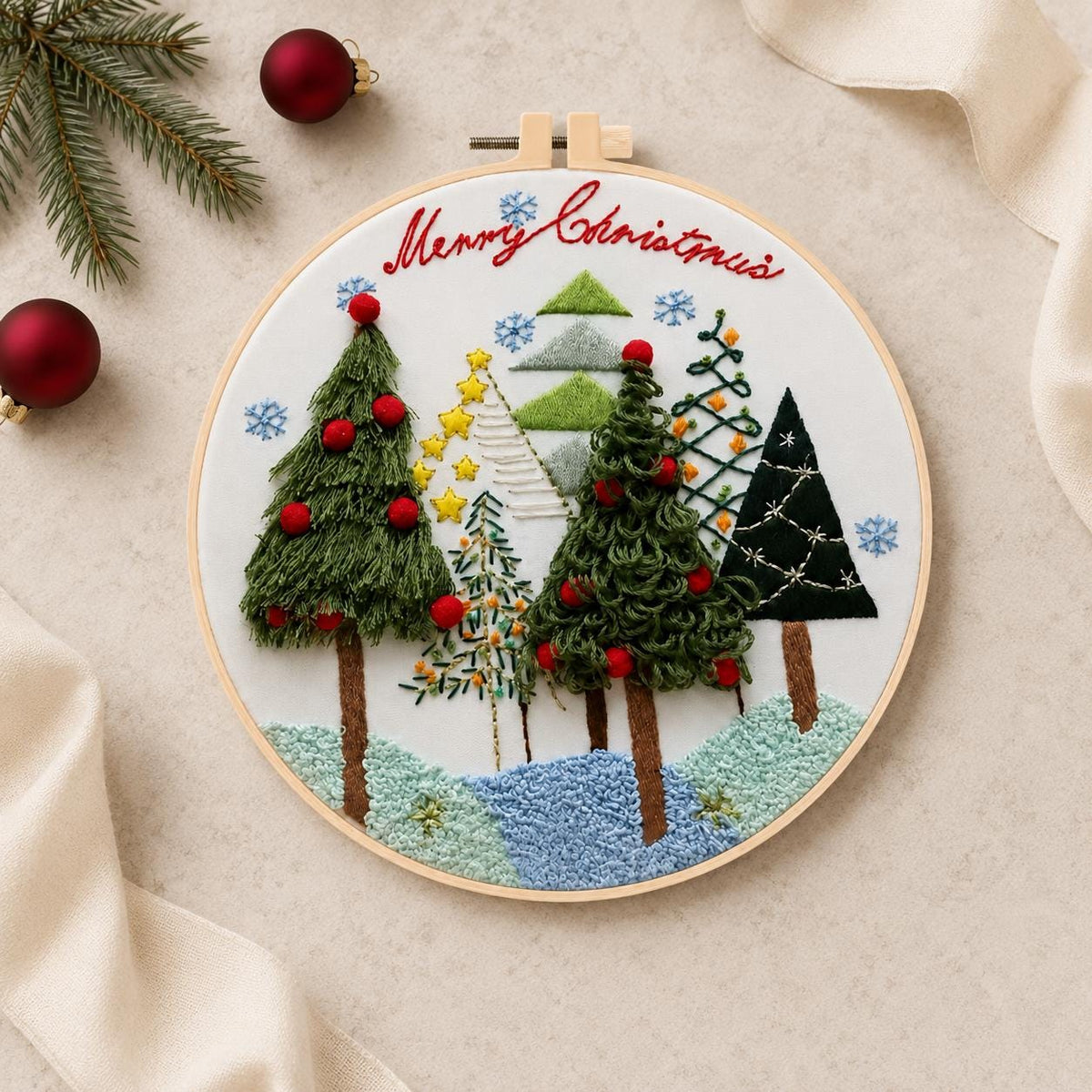 Christmas Tree Embroidery Kit for Beginners, Winter Forest DIY Needlework Set, 20 cm Holiday Craft Gift with English Instructions